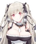  1girl azur_lane between_breasts black_ribbon breasts cleavage closed_mouth collarbone formidable_(azur_lane) grey_hair highres kurisu_tina long_hair looking_at_viewer red_eyes ribbon simple_background solo songchuan_li twintails two-tone_ribbon upper_body white_background white_ribbon 