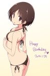  1girl :p arched_back back bikini black_bikini breasts brown_eyes brown_hair butt_crack commentary cowboy_shot dated eyebrows_visible_through_hair from_above from_side gradient gradient_background happy_birthday hasegawa_fumi heart highres looking_at_viewer looking_back mel_(melty_pot) open_mouth short_hair side-tie_bikini small_breasts smile solo standing swimsuit tongue tongue_out yellow_background yuyushiki 
