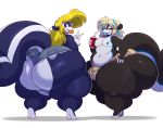  2018 anthro beauty_mark big_butt black_fur blonde_hair blue_highlights blue_lips bulge butt clothed clothing cup deep_navel duo fur gesture girly hair hair_highlights half-closed_eyes hand_on_hip hi_res holding_cup holding_object huge_butt huge_hips huge_thighs hyper hyper_butt hyper_hips hyper_thighs jackie_(ffuffle) lips looking_at_viewer looking_back male mammal mephitid mojo_(cartoonmeat) mole_(marking) moobs navel obese obese_male overweight overweight_male pink_lips simple_background skunk sssonic2 thick_lips thick_thighs topless v_sign white_background wide_hips 