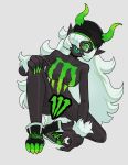  absurd_res anthro beverage big_breasts black_skin breasts clothed clothing demon digital_media_(artwork) energy_drink female fingers green_eyes hair hat headgear headwear hi_res horn humanoid humanoid_pointy_ears long_hair looking_at_viewer monster-chan monster_energy not_furry nude open_mouth pizzacrust sharp_teeth simple_background smile solo teeth tongue white_hair 