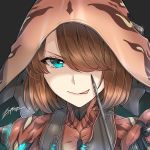  1girl :p arrow bangs blue_eyes body_armor brown_hair eyebrows_visible_through_hair headgear humanization ivara_(warframe) looking_at_viewer open_mouth pointing pointing_at_self short_hair simple_background smile solo tongue tongue_out upper_body warframe zxpfer 