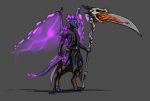 2019 anthro arks_sadinian blue_eyes bone clothed clothing crystal crystalsong_dragon digitigrade dragon energy_wings fantasy_weapon glowing glowing_eyes holding_object holding_weapon magic male melee_weapon official_art polearm purple_scales saorsa scales scalie scythe simple_background skull standing weapon wings 