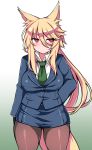  2015 acechan_f animal_humanoid blonde_hair bottomwear breasts canid canid_humanoid canine canine_humanoid clothing female fluffy fluffy_tail fox_humanoid fur hair hand_behind_back hi_res humanoid long_hair looking_at_viewer mammal mammal_humanoid necktie portrait red_eyes skirt solo standing suit three-quarter_portrait translucent translucent_hair yellow_fur 