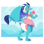  1:1 2018 anthro blue_scales blush bottomwear bunnykisses clothing diaper dragon dress ember_(mlp) female friendship_is_magic hi_res horn looking_back my_little_pony scales scalie skirt solo standing wand wings 