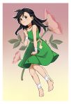  1girl alternate_hairstyle artist_name black_hair bletisan blush brown_eyes choker clenched_hand dororo_(character) dororo_(tezuka) dress flat_chest flower full_body gradient gradient_background green_dress hand_up long_hair looking_at_viewer red_background red_choker skirt skirt_hold sleeveless sleeveless_dress solo standing watermark web_address yellow_background 