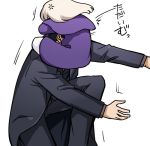  1boy 1girl anger_vein black_jacket black_pants commentary_request emiya_kiritsugu face_hug fate/zero fate_(series) father_and_daughter illyasviel_von_einzbern jacket long_sleeves pants purple_capelet purple_coat simple_background white_background yuuma_(u-ma) 