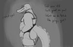  2019 anthro biped blush butt clothed clothing crossdressing dialogue digital_media_(artwork) fan_character male nsfsushi reptile scalie simple_background sketch solo 