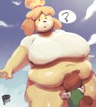  2019 ? absurd_res animal_crossing anthro belly belly_squish big_belly big_breasts blonde_hair breasts canid canine canis clothed clothing cloud domestic_dog duo female fur hair hi_res huge_breasts isabelle_(animal_crossing) larger_female mammal nintendo outside overweight overweight_female peculiart raccoon_dog shih_tzu signature size_difference squish tanuki tom_nook_(animal_crossing) toy_dog video_games weight_gain yellow_fur 