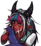  1boy 1girl after_fellatio after_sex black_hair black_nails blue_hair cum cum_on_hair danganronpa ear_piercing facial fingernails grey_hair hetero highres large_penis licking_lips lip_piercing long_hair looking_at_viewer mioda_ibuki multicolored_hair oni oni_horns penis penis_grab piercing pink_eyes pink_hair pointy_ears polyle pov purple_skin red_oni red_skin school_uniform serafuku sharp_fingernails solo_focus streaked_hair super_danganronpa_2 tongue tongue_out uncensored white_background yellow_sclera 