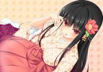  1girl black_hair blush breasts dutch_angle floral_background flower hair_flower hair_ornament hakama hand_up highres japanese_clothes long_hair looking_at_viewer medium_breasts moeki_yuuta official_art red_eyes red_hakama red_ribbon ribbon ribbon-trimmed_sleeves ribbon_trim sidelocks smile solo tongue tongue_out white_footwear wide_sleeves yellow_background 