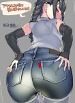  1girl ass ass_focus bent_over black_hair bra_strap braid commentary_request denim denim_shorts detached_sleeves grey_background hands_on_own_ass long_braid long_hair looking_at_viewer looking_back namaniku_atk original pantyhose pantylines purple_legwear see-through shorts sleeves_past_wrists solo translation_request yellow_eyes 