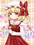  1girl :3 alternate_costume arms_up bangs blonde_hair blush bow breasts commentary_request cowboy_shot detached_sleeves dress eyebrows_visible_through_hair flandre_scarlet floral_background flower hair_ribbon hands_together hat heart highres holding holding_flower long_sleeves looking_at_viewer mob_cap nyanyanoruru pinafore_dress plaid plaid_background plaid_bow plaid_dress red_dress red_eyes ribbon short_hair side_ponytail small_breasts solo standing touhou white_headwear wings 