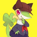  2019 ambiguous_gender blush bottomwear clothed clothing digital_media_(artwork) eye_markings fake_cat_ears fake_ears fan_character feral green_skin hat headgear headwear keimainyanko looking_at_viewer markings nintendo pink_eyes pleated_skirt pok&eacute;mon pok&eacute;mon_(species) reptile ribbons sailor_collar sailor_fuku scalie serafuku simple_background skirt smile snivy solo standing tail_markings tongue tongue_out video_games yellow_background 