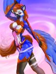  2019 anthro avian beak breasts female hair hi_res holding_object holding_weapon kairos looking_at_viewer navel purple_eyes sleepyhelen solo standing weapon 