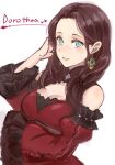  1girl brown_hair character_name dorothea_arnault dress earrings fire_emblem fire_emblem:_three_houses green_eyes haru_(nakajou-28) highres jewelry long_hair long_sleeves parted_lips simple_background solo upper_body white_background 