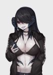  black_hair black_sclera bra breasts cellphone cinko cleavage clothed clothing collar eyelashes female final_fantasy hair hair_over_eye hi_res horn humanoid lips navel not_furry phone red_eyes ring smile solo square_enix teeth underwear video_games 