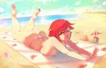  1girl ass beach_towel beer_can bikini blush breasts can day drink eba_rin green_eyes highres horizon kimi_no_iru_machi large_breasts looking_at_viewer lying mole mole_under_eye ocean on_stomach one_eye_closed open_mouth red_hair rtil sand seashell shell shiny shiny_hair shiny_skin short_hair smile solo striped striped_bikini summer swimsuit teeth thighs towel 