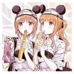  2girls animal_ears bag bandages bangs blunt_bangs brown_eyes brown_hair churro collarbone drink drinking eating food food_on_face girls_und_panzer hair_ribbon hat long_hair manicure mickey_mouse_ears multiple_girls nishizumi_miho open_mouth orange_eyes orange_hair pointing ribbon shirt short_hair t-shirt takebe_saori totonii_(totogoya) 