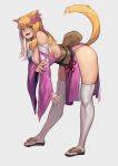  5_fingers ahri_(lol) animal_humanoid bangs bent_over big_breasts blonde_hair breasts cinko clothing cute_fangs female fingers flower flower_in_hair footwear hair hi_res humanoid japanese_clothing league_of_legends legwear open_mouth plant riot_games sandals solo standing thigh_highs video_games 
