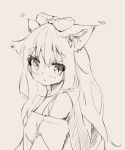  1girl animal_ear_fluff animal_ears bangs bare_shoulders blush bow brown_background closed_mouth eyebrows_visible_through_hair hair_between_eyes hair_bow hamaru_(s5625t) highres long_hair looking_at_viewer looking_to_the_side monochrome off-shoulder_shirt off_shoulder original shirt simple_background solo upper_body 