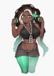  5_fingers animal_humanoid bottomwear breasts cephalopod cephalopod_humanoid cinko cleavage clothed clothing dark_skin female fingers green_eyes hi_res humanoid looking_at_viewer marina_(splatoon) marine marine_humanoid midriff mollusk mollusk_humanoid navel nintendo octarian octoling open_mouth shorts solo splatoon teeth video_games 