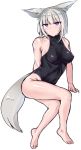  5_toes acechan_f animal_humanoid barefoot breasts canid canid_humanoid canine canine_humanoid clothed clothing female fluffy fluffy_tail fox_humanoid fur grey_fur grey_hair hair hand_behind_back humanoid looking_at_viewer mammal mammal_humanoid purple_eyes short_hair simple_background swimwear toes white_background 