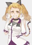  accessory animal_humanoid blonde_hair blush breasts cinko clothed clothing double_v_sign female fingerless_gloves gesture gloves hair hair_accessory hairclip handwear hi_res humanoid looking_at_viewer smile solo teeth v_sign yellow_eyes 