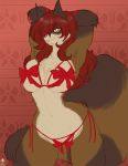  avencri breasts fluffy fluffy_tail hair long_hair looking_at_viewer mammal procyonid raccoon red_hair ribbons small_waist smile solo thick_thighs wide_hips 