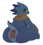  2019 anthro big_butt butt clothed clothing frown gin_(sssonic2) grey_scales hi_res kobold looking_at_viewer looking_back male overweight overweight_male rear_view scales scalie scar simple_background sitting skimpy sssonic2 thick_thighs white_background yellow_sclera 