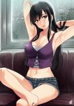  1girl armpits bangs black_hair breasts cleavage collarbone couch crop_top denim denim_shorts hair_between_eyes head_tilt highres long_hair looking_at_viewer looking_to_the_side midriff mole mole_under_eye parted_lips purple_eyes purple_vest rain short_shorts shorts sitting smile solo strapless suga_natsumi tenki_no_ko tubetop vest window xtermination 