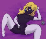 2017 accessory alternate_species animate_inanimate bed black_skin blonde_hair blush bob-omb bomb breasts crown ear_piercing ear_ring explosives female hair hair_accessory humanoid lying mario_bros monster_girl_(genre) mouthless navel nintendo nipples non-mammal_breasts not_furry nude piercing presenting presenting_pussy princess_peach purple_background pussy simple_background solo spread_legs spreading unknown_artist video_games wire 