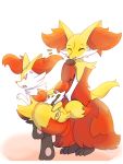  2019 3_toes ambiguous_gender anthro black_fur braixen canid canine cross-popping_vein delphox digital_media_(artwork) dipstick_tail evolutionary_family eyes_closed fennekin feral fur group hi_res humor inner_ear_fluff laugh level_difference looking_at_viewer mammal multicolored_tail nintendo object_in_mouth open_mouth orange_fur pawpads pink_pawpads pok&eacute;mon pok&eacute;mon_(species) red_fur simple_background size_difference stick toes unknownlifeform vein video_games white_background white_fur 
