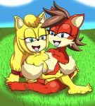  bodily_fluids breasts cuddling duo feet female female/female field fiona_fox grass hi_res looking_at_viewer nude public saliva saliva_string sky sonic_(series) tinydevilhorns tinydevilhorns_(artist) zooey_the_fox 