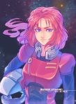  1girl bodysuit closed_mouth commentary_request gundam gundam_unicorn helmet highres long_hair looking_at_viewer marida_cruz orca9102 pilot_suit purple_eyes solo space star 