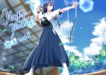  1girl aiming archery arrow bangs blue_hair blush bow_(weapon) commentary_request gloves hair_between_eyes hakama hakama_skirt highres holding holding_bow_(weapon) holding_weapon japanese_clothes kanato_(aquariumest) kyuudou long_hair love_live! love_live!_school_idol_project low_ponytail muneate no_shoes outdoors partly_fingerless_gloves single_glove solo sonoda_umi standing tabi weapon white_legwear yellow_eyes yugake 