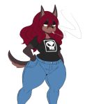  2019 absurd_res anthro beauty_mark breasts brown_fur canid canine canis cigarette clothed clothing dobermann domestic_dog female fully_clothed fur hair half-closed_eyes hand_on_hip hi_res holding_object mammal mole_(marking) mouth_hold pinscher red_hair rose_(sssonic2) simple_background small_breasts smoking solo sssonic2 white_background wide_hips yellow_eyes 