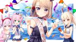  4girls :d ame. anchor_symbol animal_ears ayanami_(azur_lane) azur_lane bangs black_dress black_ribbon blue_eyes blue_sailor_collar blue_skirt blue_sky blush breasts brown_hair bunny_ears camisole closed_mouth cloud cloudy_sky commentary_request confetti day double_v dress eyebrows_visible_through_hair flower fur-trimmed_sleeves fur_trim hair_between_eyes hair_flower hair_ornament hair_ribbon hairband headgear high_ponytail jacket javelin_(azur_lane) laffey_(azur_lane) light_brown_hair long_hair long_sleeves midriff multiple_girls navel off_shoulder open_clothes open_jacket open_mouth party_popper pennant pink_hair pink_jacket pleated_skirt ponytail purple_eyes purple_hair purple_ribbon red_eyes red_flower red_hairband red_rose ribbon rose sailor_collar sash school_uniform serafuku shirt skirt sky sleeveless sleeveless_dress sleeveless_shirt small_breasts smile streamers string_of_flags v water white_camisole white_shirt yellow_neckwear z23_(azur_lane) 