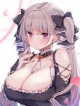  1girl ayuma_sayu azur_lane bare_shoulders between_breasts black_bow black_nails bow breast_hold breasts cleavage closed_mouth collarbone commentary_request detached_collar earrings formidable_(azur_lane) hair_bow hand_up highres jewelry large_breasts long_hair long_sleeves looking_at_viewer nail_polish petals purple_eyes silver_hair simple_background solo twintails upper_body white_background 