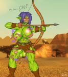  2019 angry arrow balls big_balls big_breasts big_penis blizzard_entertainment blush bodily_fluids boots bottomwear bow breasts bulge clothed clothing dialogue digital_media_(artwork) english_text footwear gloves green_skin hair handwear hi_res holding_object holding_weapon huge_breasts humanoid hunter intersex leather loincloth muscular navel nipples not_furry open_mouth orc penis pubes purple_hair randt ranged_weapon solo text thick_thighs topless video_games warcraft weapon 