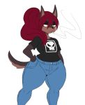  2019 absurd_res anthro beauty_mark breasts brown_fur canid canine canis cigarette clothed clothing dobermann domestic_dog female fully_clothed fur hair half-closed_eyes hand_on_hip hi_res holding_object mammal mole_(marking) mouth_hold pinscher ponytail red_hair rose_(sssonic2) simple_background small_breasts smoking solo sssonic2 white_background wide_hips yellow_eyes 
