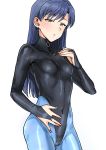  1girl :o bangs black_leotard blue_hair blue_legwear blush breasts bridal_gauntlets brown_eyes cowboy_shot earrings eyebrows_visible_through_hair half-closed_eyes hand_on_own_chest hand_on_own_stomach highres idolmaster jewelry kisaragi_chihaya latex latex_leotard leotard long_hair looking_at_viewer nail_polish pantyhose parted_lips pink_nails simple_background skin_tight small_breasts solo tsurui white_background zipper_pull_tab 