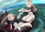  1other 2girls artist_name black_neckwear black_shirt blonde_hair blue_eyes blue_sailor_collar commentary dated dress english_commentary english_text gloves hat hat_removed headwear_removed highres holding holding_hands holding_hat janus_(kantai_collection) jervis_(kantai_collection) kantai_collection long_hair multiple_girls pandaduo sailor_collar sailor_dress sailor_hat shirt short_hair short_sleeves water white_dress white_gloves white_headwear 