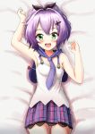  1girl :d arlly_radithia arm_up azur_lane bangs bare_arms bare_shoulders bed_sheet black_ribbon blush breasts camisole commentary_request eyebrows_visible_through_hair green_eyes hair_between_eyes hair_intakes hair_ornament hair_ribbon hand_up high_ponytail highres javelin_(azur_lane) looking_at_viewer open_mouth plaid plaid_skirt pleated_skirt ponytail purple_hair purple_skirt ribbon round_teeth sidelocks skirt small_breasts smile solo teeth upper_teeth white_camisole 
