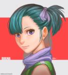  1girl blue_eyes blue_hair bulma closed_mouth commentary dragon_ball dragon_ball_(classic) lips looking_at_viewer rejean_dubois short_hair smile solo twitter_username 
