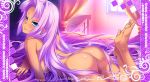  1girl ass barefoot bed blue_eyes blush breast_press breasts dark_skin feet from_behind hair_intakes hikage_eiji koihime_musou legs legs_up long_hair looking_back lying nude official_art on_stomach pink_hair smile soles solo sonken thighs toes very_long_hair window 