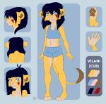  2019 anthro black_hair blue_eyes bottomwear bra breasts cheek_tuft clothed clothing conditional_dnp cub felid female hair hi_res lion long_hair mammal model_sheet pantherine reference_image shirt shorts simple_background smile solo sports_bra standing tail_tuft tank_top toeless_(marking) topwear tuft underwear vilani vilani_(character) young 