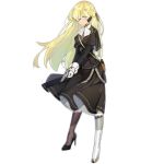 1girl :o black_clothes black_dress black_footwear blonde_hair blue_eyes braid breasts cz52_(girls_frontline) cz_52 dress girls_frontline gloves gun hair_between_eyes hair_ornament half_gloves handgun high_heels holding holding_gun holding_weapon holster long_hair long_sleeves looking_at_viewer mechanical mechanical_leg mechanical_parts monocle official_art pistol shoes solo standing transparent_background weapon xiao_chichi 