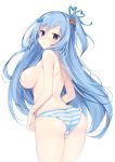  1girl ass bangs blue_eyes blue_hair blush breasts emori_miku emori_miku_project eyebrows_visible_through_hair hair_ornament highres large_breasts long_hair looking_at_viewer looking_back miko_92 one_side_up open_mouth panties simple_background solo striped striped_panties topless underwear white_background 