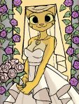  anthro bethesda_softworks bouquet breasts bride cleavage clothed clothing dress felid female filthypally flower fur happy jewelry katia_managan khajiit looking_at_viewer mammal necklace oblivion plant prequel smile solo the_elder_scrolls veil video_games webcomic wedding wedding_dress yellow_fur 