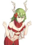  5_fingers accessory antlers breasts cinko clothed clothing female fingers flower flower_in_hair green_hair hair hair_accessory hairclip hi_res horn humanoid looking_at_viewer navel not_furry orange_eyes plant smile solo 